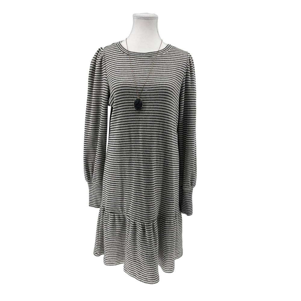 LOFT Striped Long Sleeve Puff Sleeve Drop‎ Waist Ruffle Hem Dress  S black white